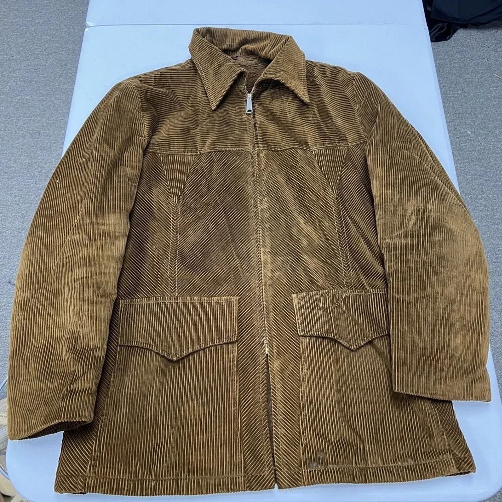 Vintage Corduroy Jacket Mens XL Brown Faux Fur Lined 70s Workwear Coat E2